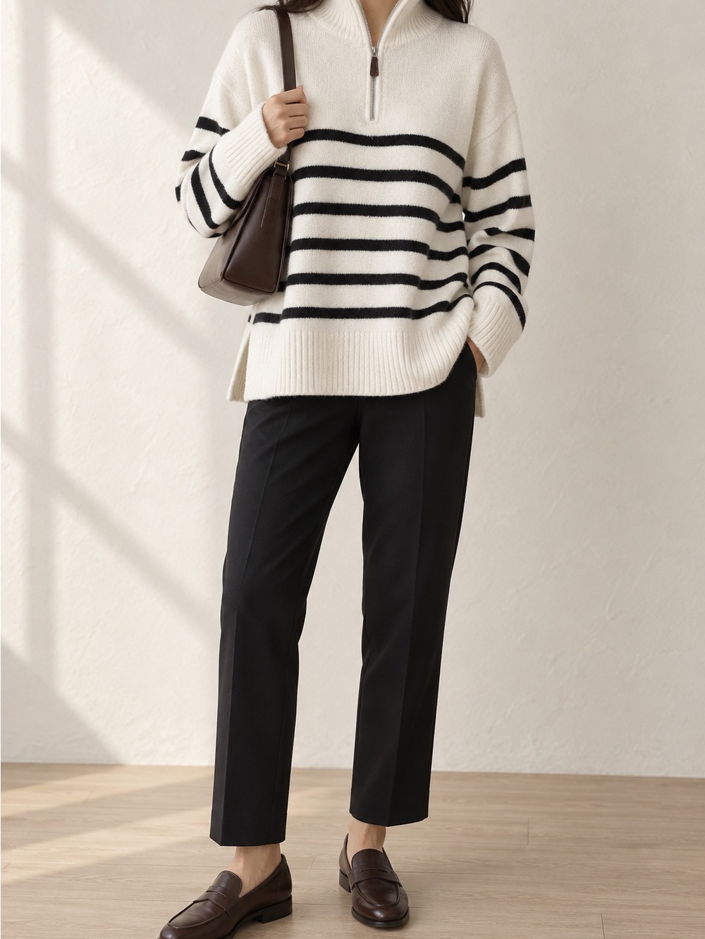 Bluivy Cream and Black Striped Zip-Neck Sweater